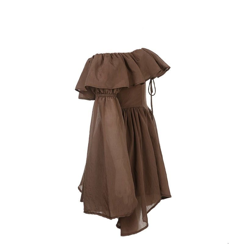 Off-Shoulder Corset Ruffle Trim Balloon Sleeve Handkerchief Hem Mini Dress 5