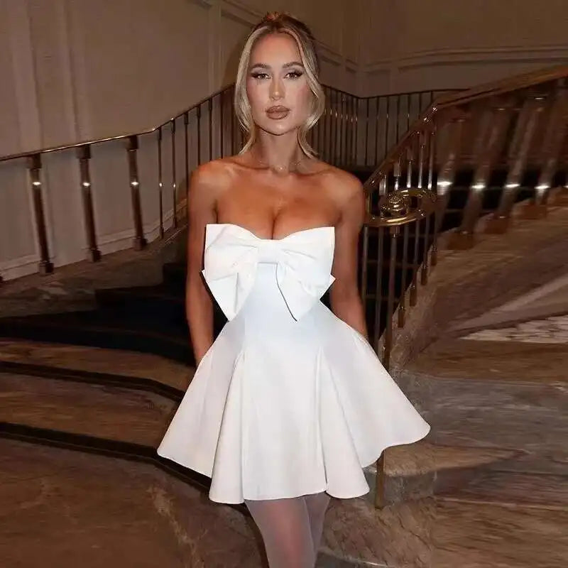 Pearl Trim Neckline Princess Seam Oversized Bow Back Fit and Flare Mini Dress 13