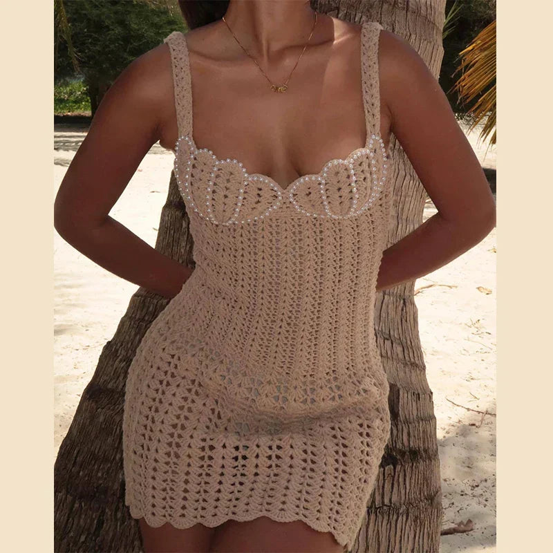 Crochet Pearl Beaded Sweetheart Scallop Trim Bodycon Mini Dress 7