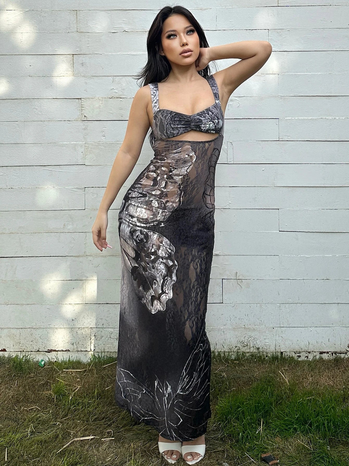 Butterfly Floral Lace Overlay Sweetheart Bustier Cutout Bodycon Maxi Dress 4
