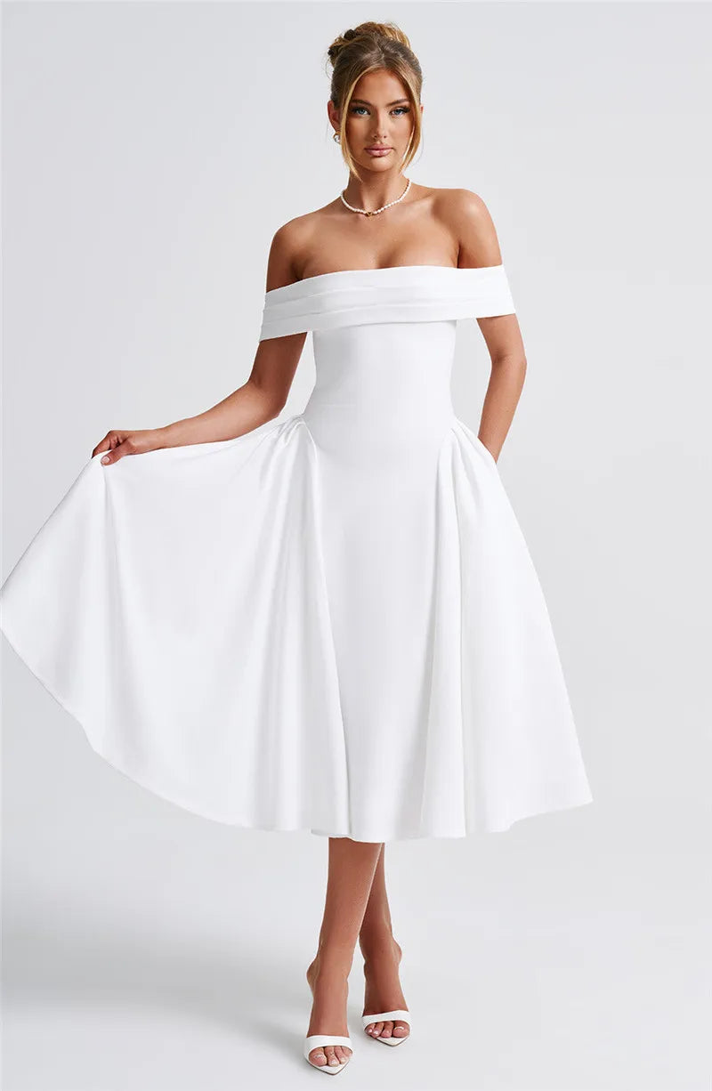 Off-Shoulder Folded Band Box Pleat Flare Midi Dress 9