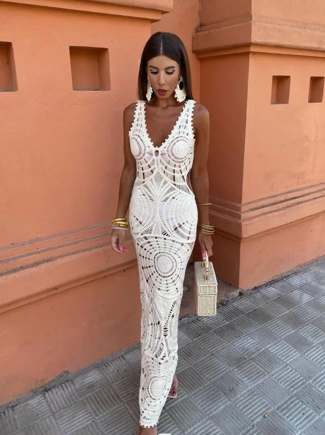 Deep V Neck Mandala Crochet Mesh Waist Cutout Maxi Dress