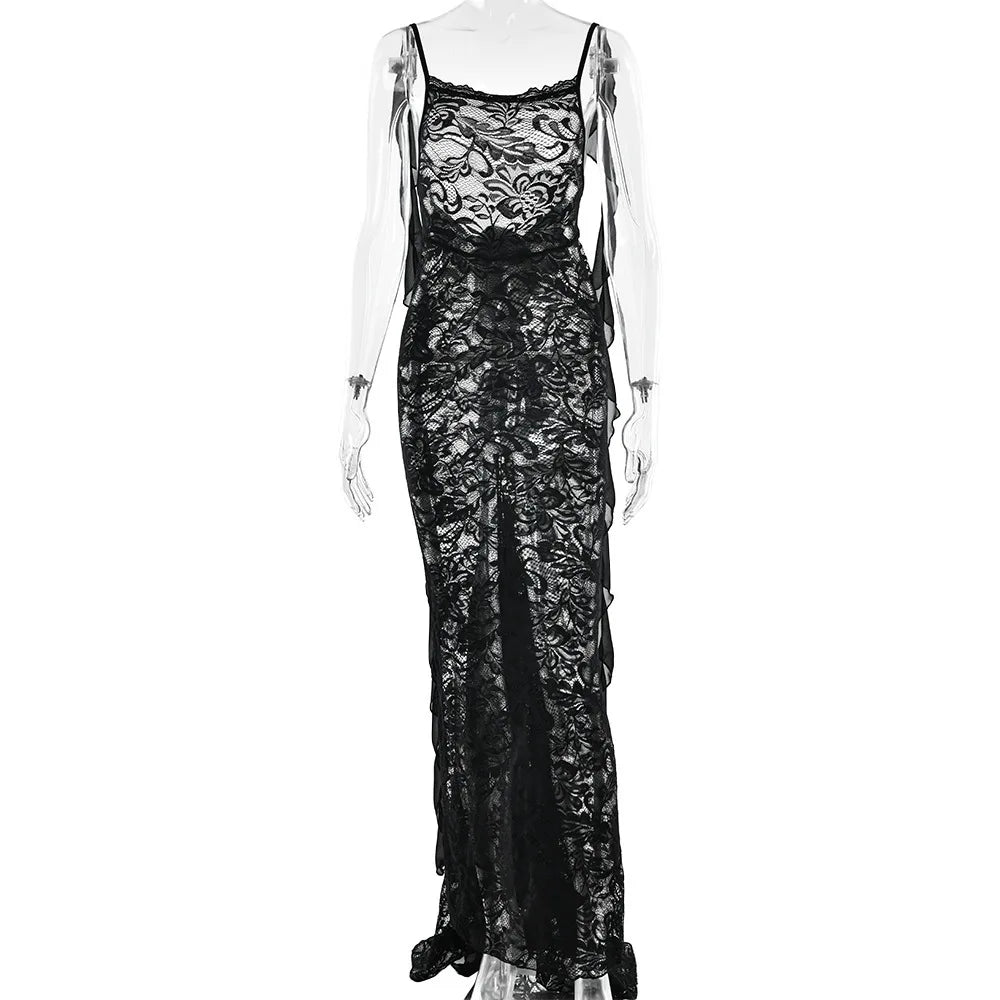 Lace Backless Spaghetti Strap Trailing Ribbon Ruffle Maxi Dress 16