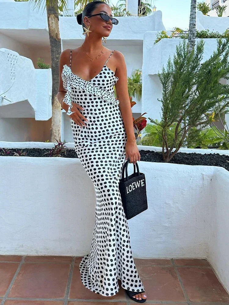 Polka Dot Floral Rosette Ruffle Trim Spaghetti Strap Slip Maxi Dress 3