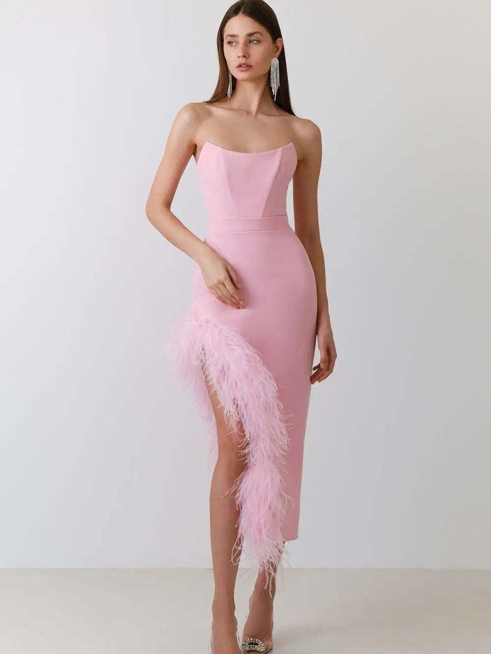 Feather Trim Corset-Boned Sweetheart Strapless High Slit Bodycon Midi Dress 4