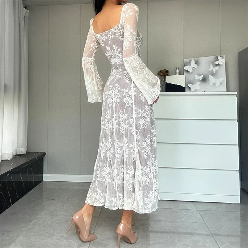 Square Neck Tie Detail Lace Bell Sleeve Paneled Midi Dress 2