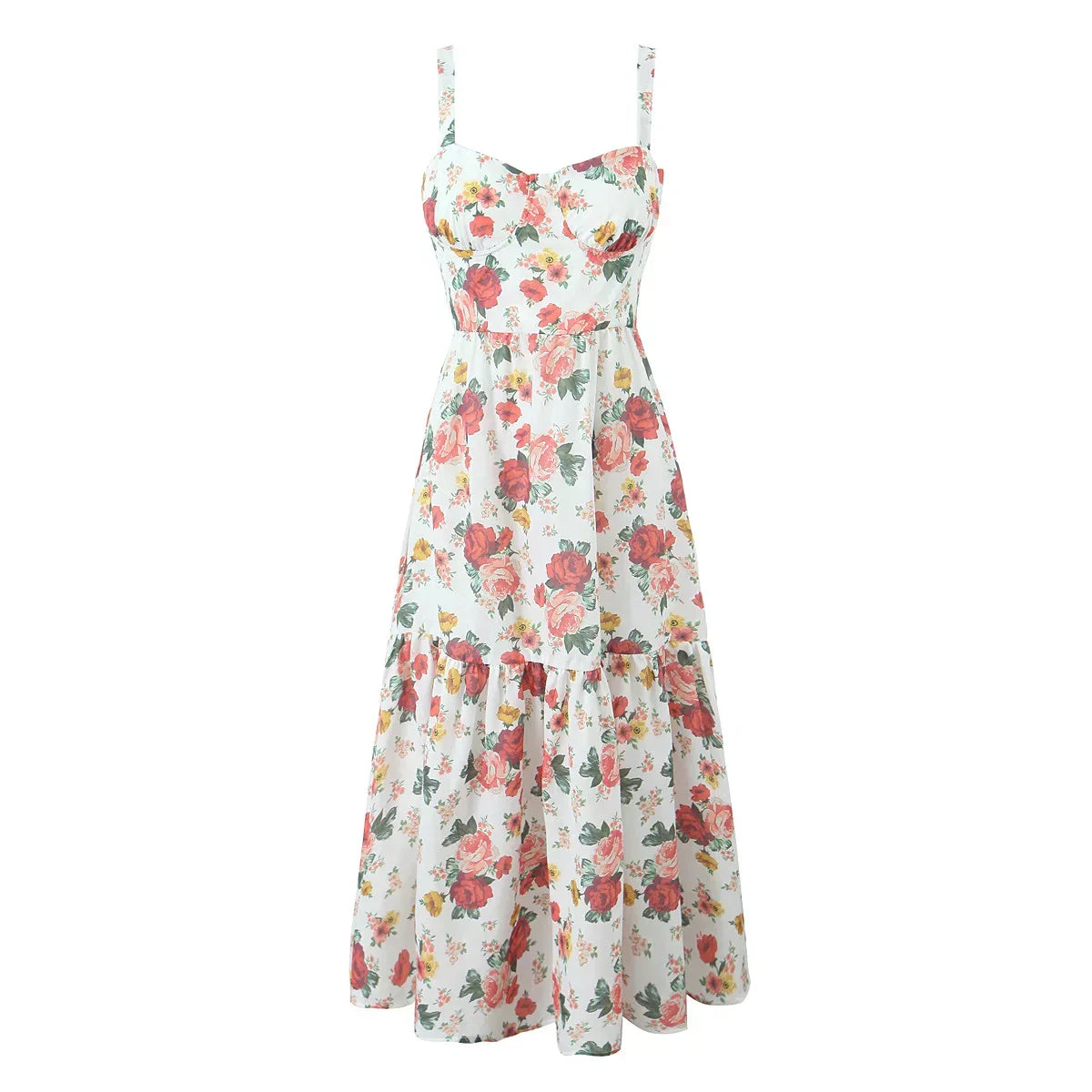Sweetheart Neck Floral Print Bustier Tiered Ruffle Midi Dress 5