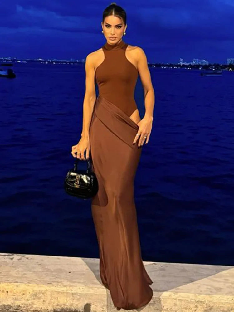 Satin Mock Neck Halter Bodycon Mini Dress Wrap Drape Cutout Maxi Dress 3