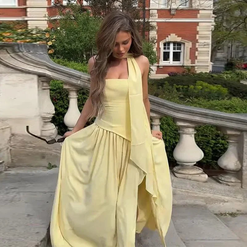 Strapless Structured Bodice Neck Scarf Tie Pleated Asymmetric Hem Maxi Dress 7