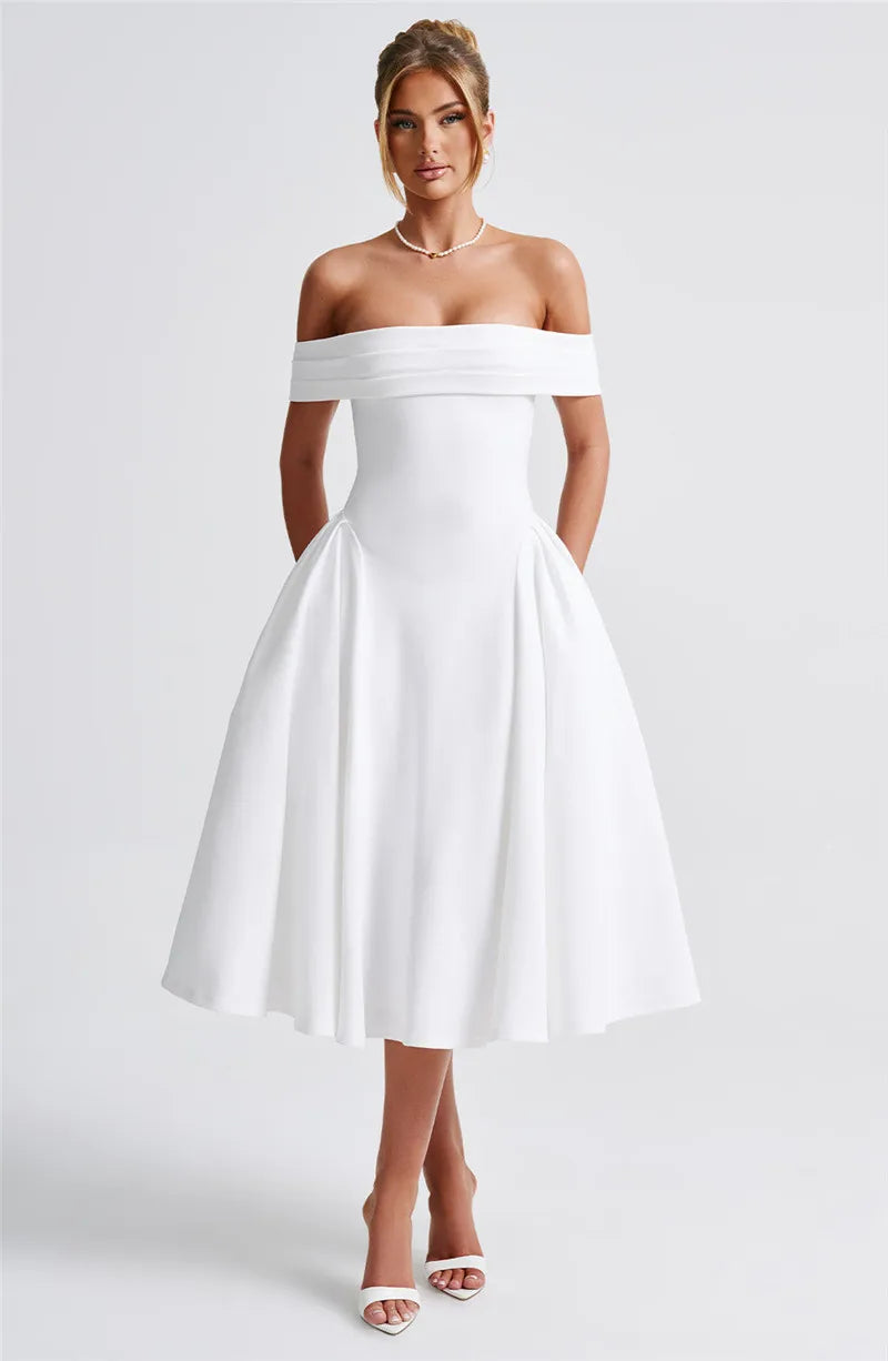 Off-Shoulder Folded Band Box Pleat Flare Midi Dress 8