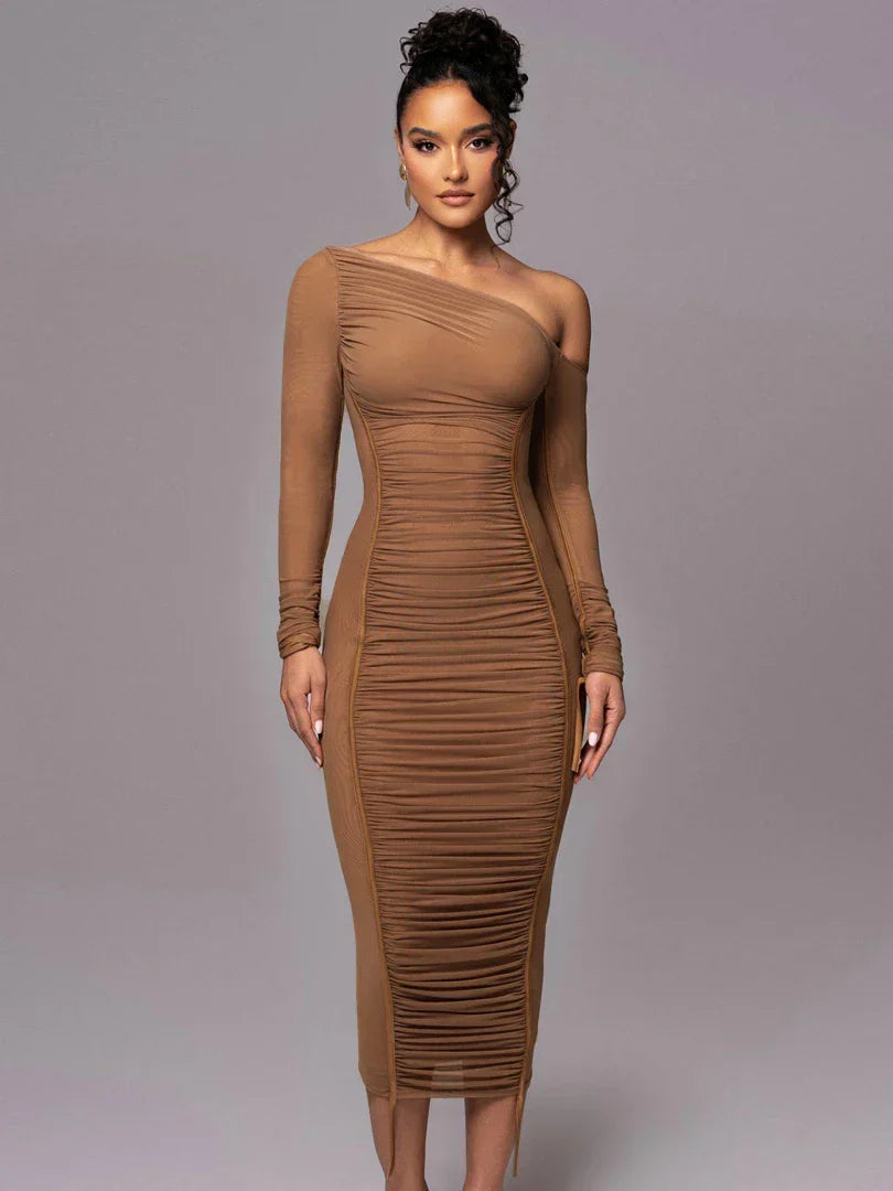 One Shoulder Ruched Mesh Contrast Piping Maxi Dress 4