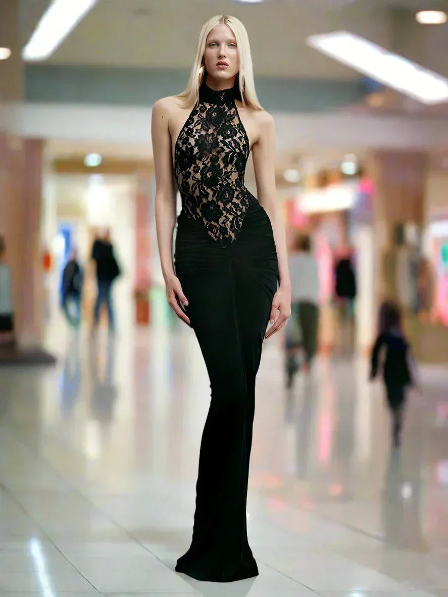 Halter Neck Floral Lace Bodice Column Maxi Dress