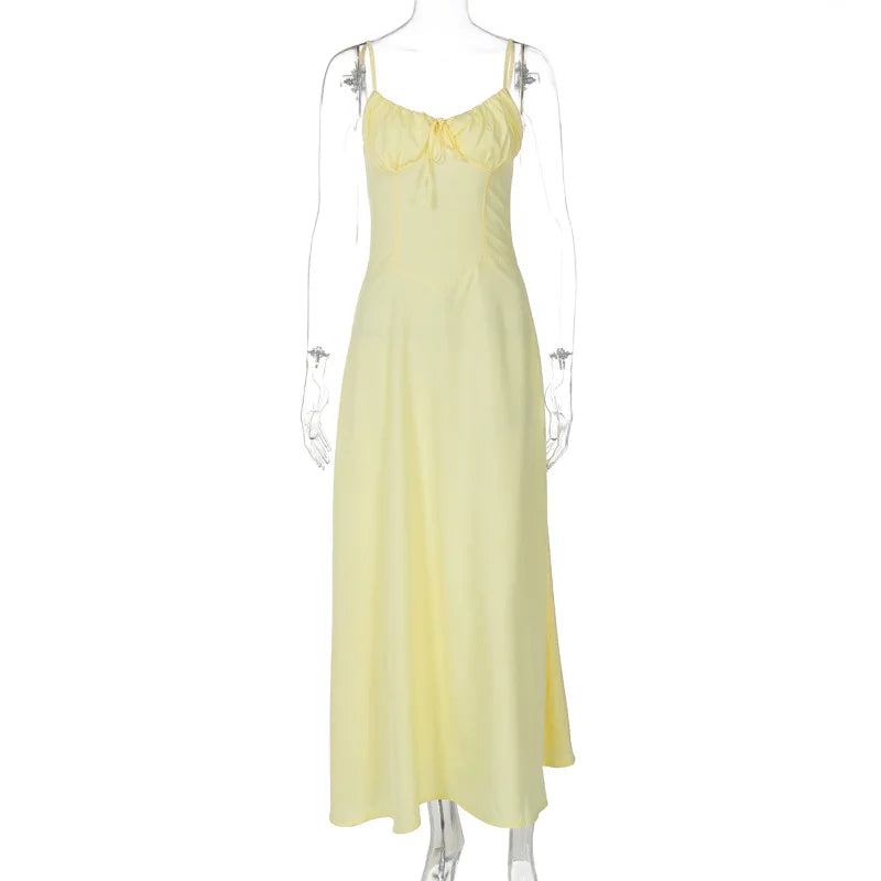 Sweetheart Neck Spaghetti Strap Ruched Tie Front Column Maxi Dress 17