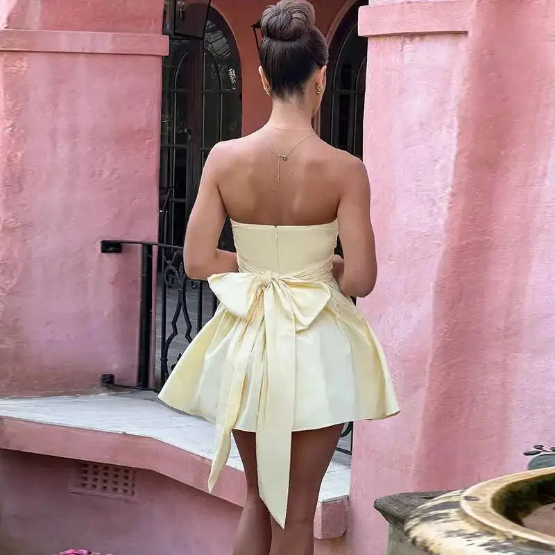 Pearl Trim Neckline Princess Seam Oversized Bow Back Fit and Flare Mini Dress 6