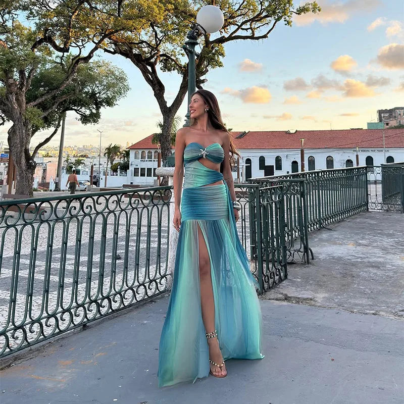 Strapless Starfish Brooch Side Cutout Ruched High Slit Maxi Dress 6