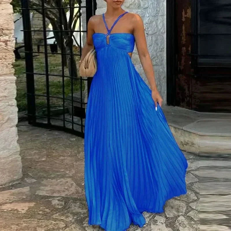 Halter Criss Cross Cutout Waist Sunray Pleat Maxi Dress 7