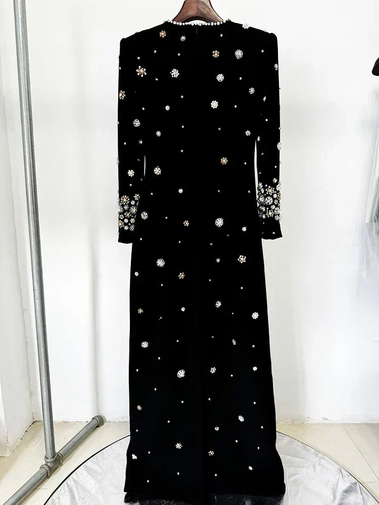 Crystal Floral Embellished Structured Shoulder Long Sleeve Column Maxi Dress 3