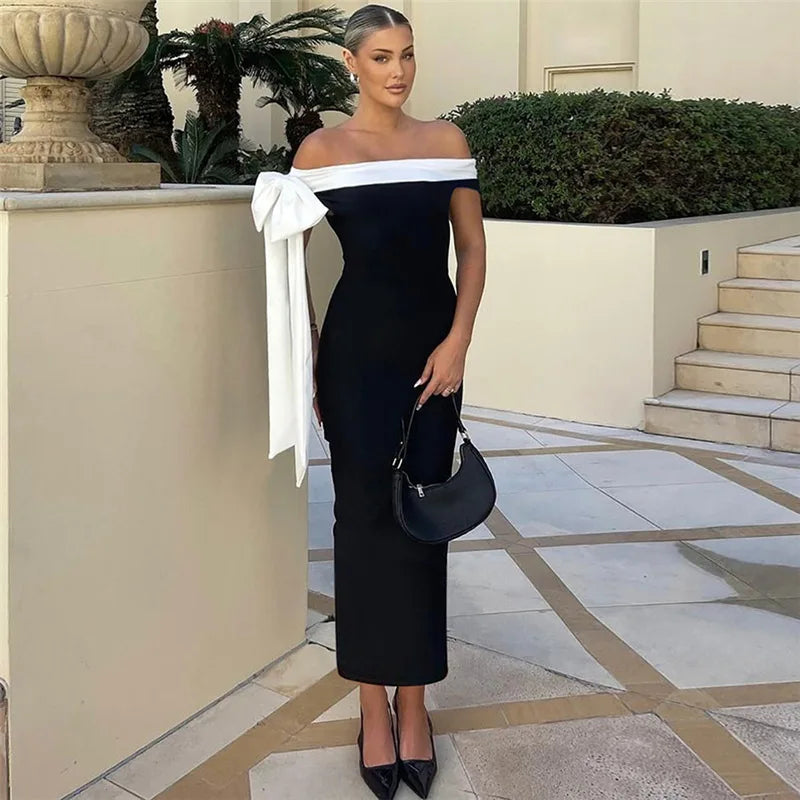 Off Shoulder Contrast Bow Shoulder Ribbon Bodycon Maxi Dress 11