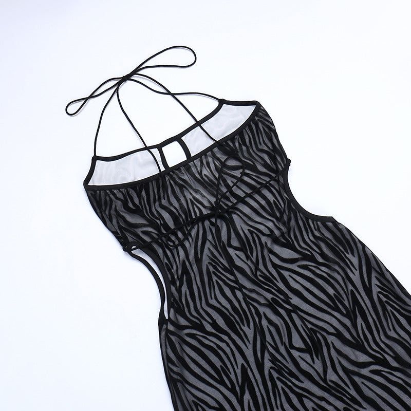 Zebra Print Flocked Mesh Halter Keyhole Cutout Bodycon Mini Dress 9