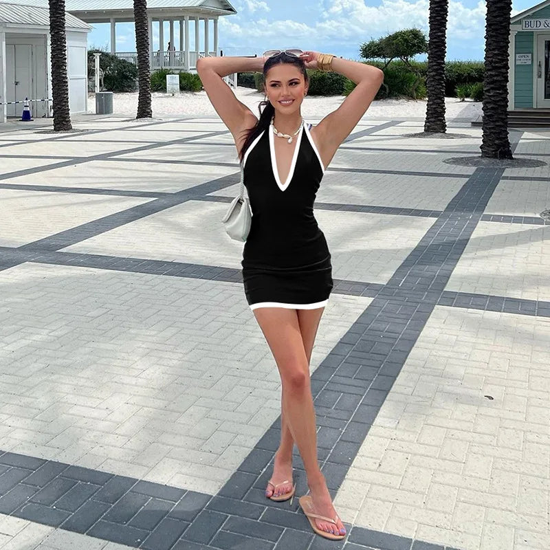 Deep V Halter Neck Contrast Trim Binding Bodycon Mini Dress