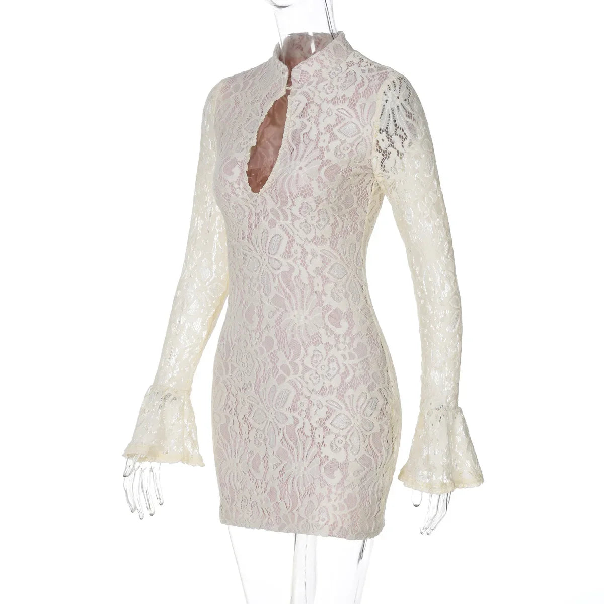 Mock Neck Keyhole Cutout Floral Lace Bell Sleeve Bodycon Mini Dress 14