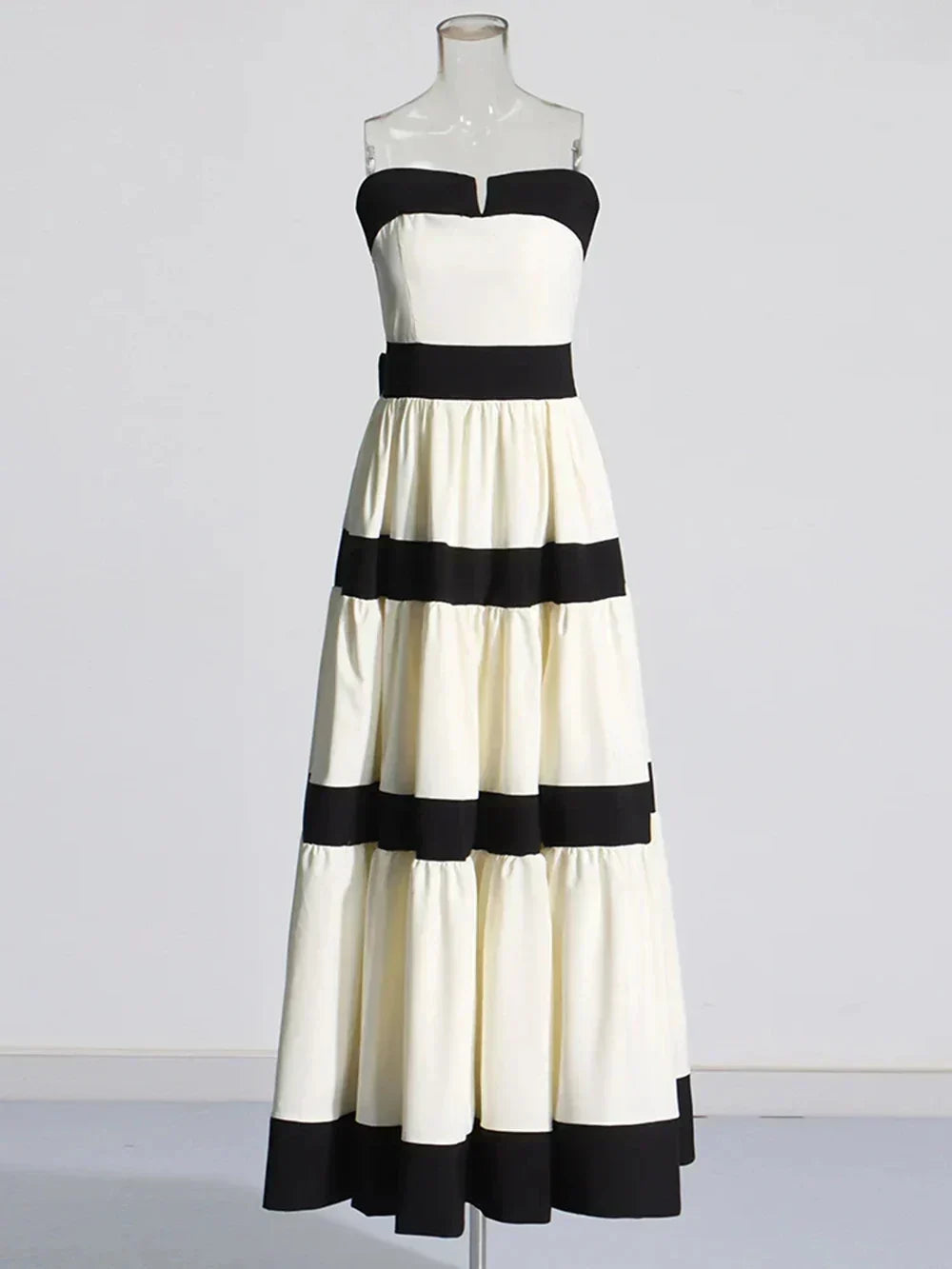 Strapless V Notch Neckline Tiered Horizontal Banded Full Skirt Gown 7