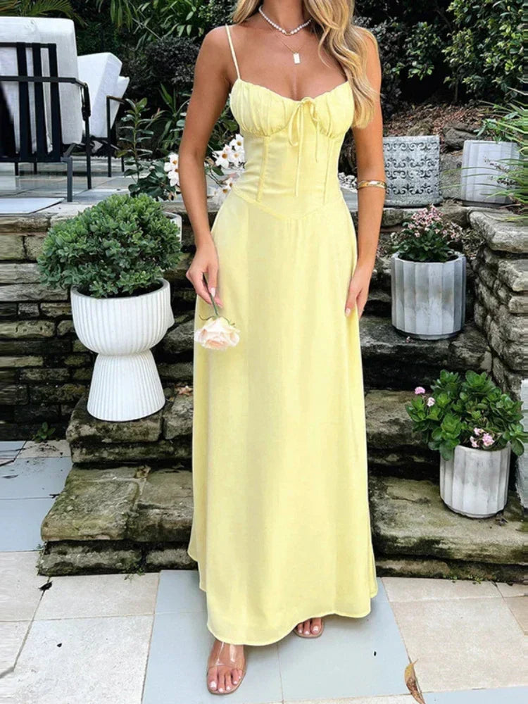 Sweetheart Neck Spaghetti Strap Ruched Tie Front Column Maxi Dress 4