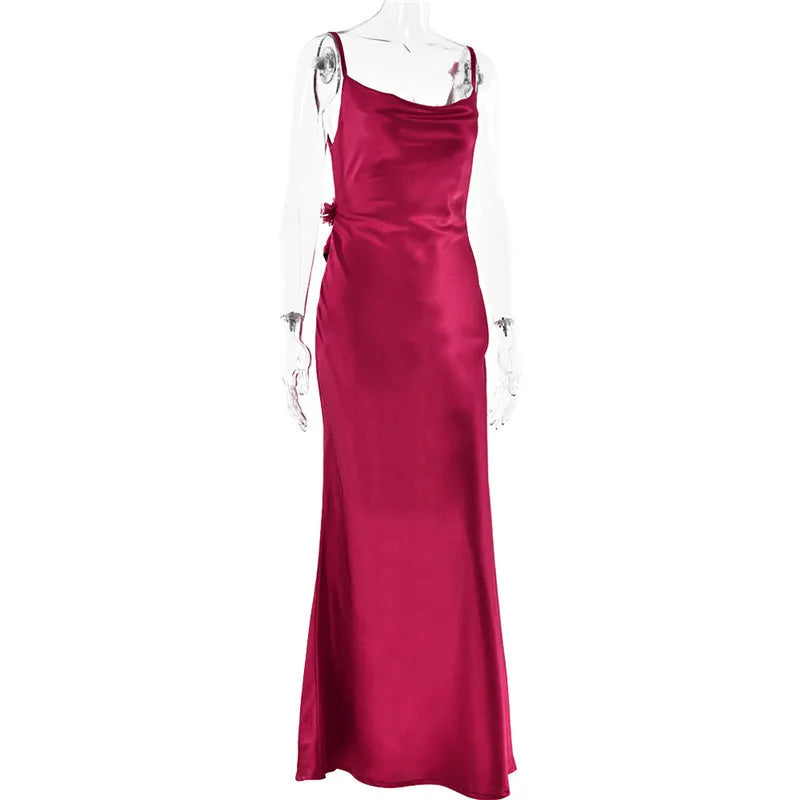 Spaghetti Strap Floral Applique Cowl Back Satin Maxi Dress 34