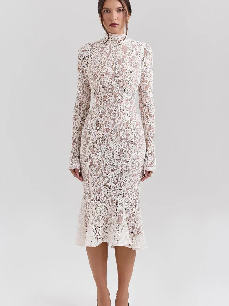 Floral Lace Mock Neck Long Sleeve Trumpet Hem Midi Dress 3