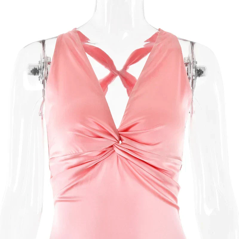 V-Neck Twist Front Bow Back Satin Maxi Dress 10