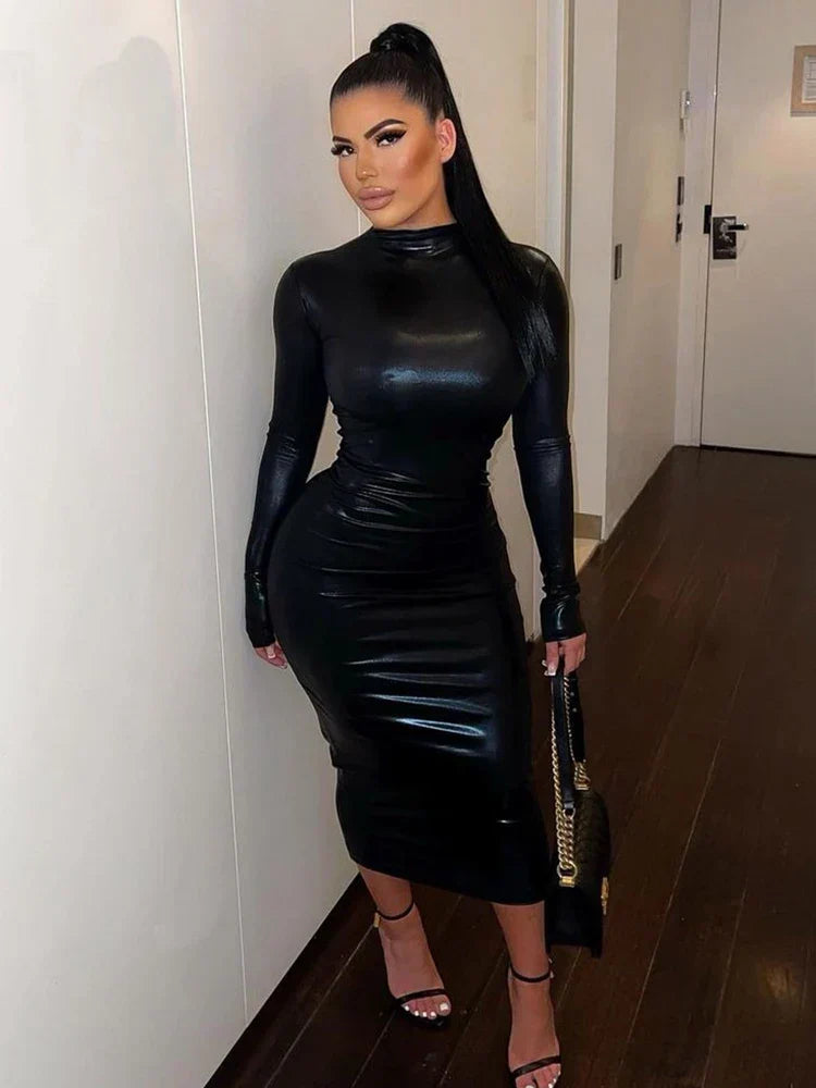 Mock Neck Long Sleeve Glossy Faux Leather Bodycon Maxi Dress 4