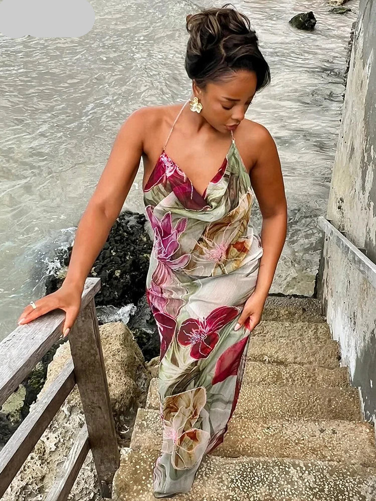 Floral Print Cowl Neck Halter Spaghetti Strap Maxi Dress 10