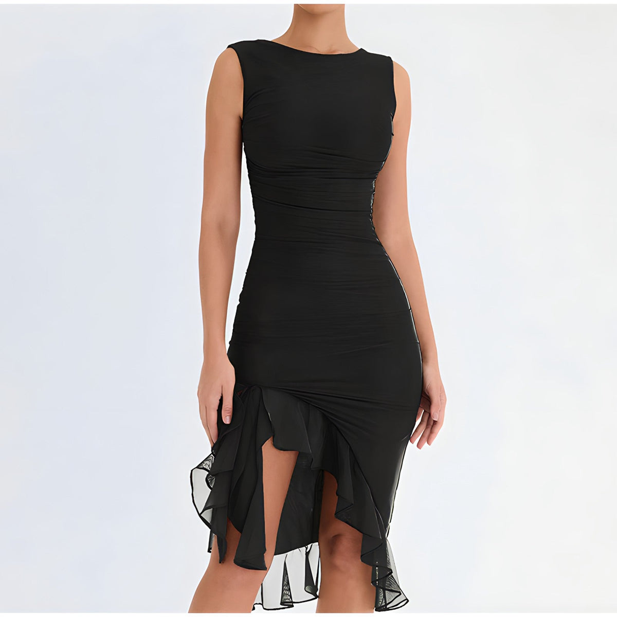 Ruched Crew Neck High Split Ruffle Hem Bodycon Midi Dress 2