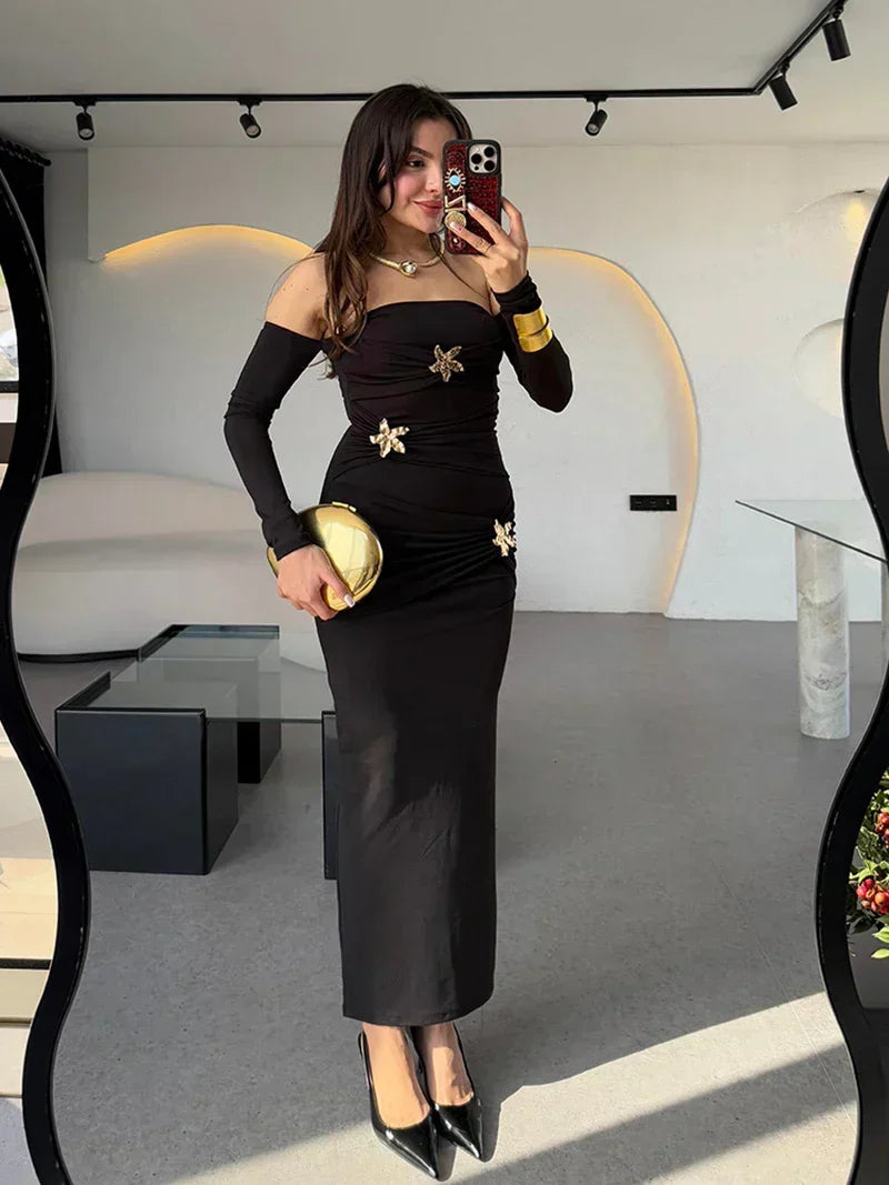 Off Shoulder Buckle Ruched Drape Long Sleeve Maxi Dress 10