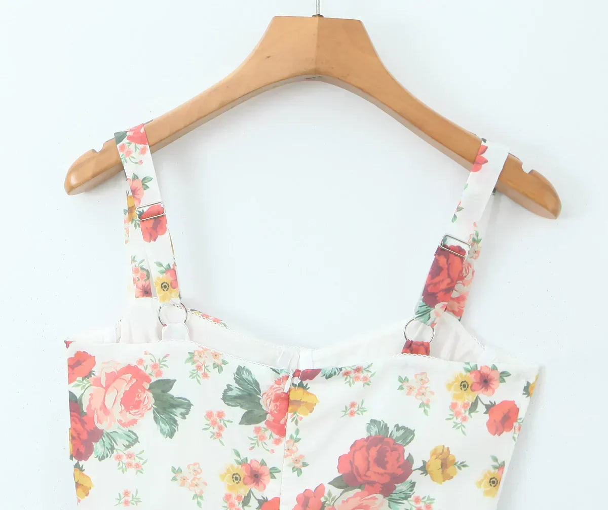 Sweetheart Neck Floral Print Bustier Tiered Ruffle Midi Dress 8