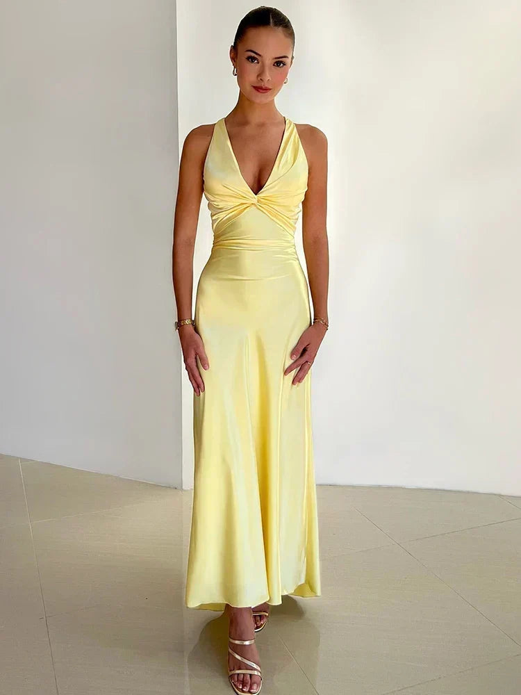 V-Neck Twist Front Bow Back Satin Maxi Dress