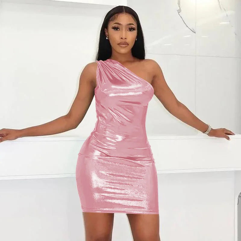 Metallic One Shoulder Ruched Drape Asymmetric Hem Mini Dress 5