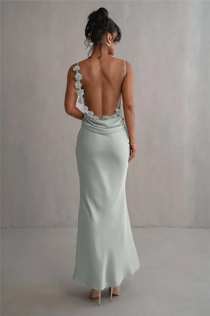 Spaghetti Strap Floral Applique Cowl Back Satin Maxi Dress 8