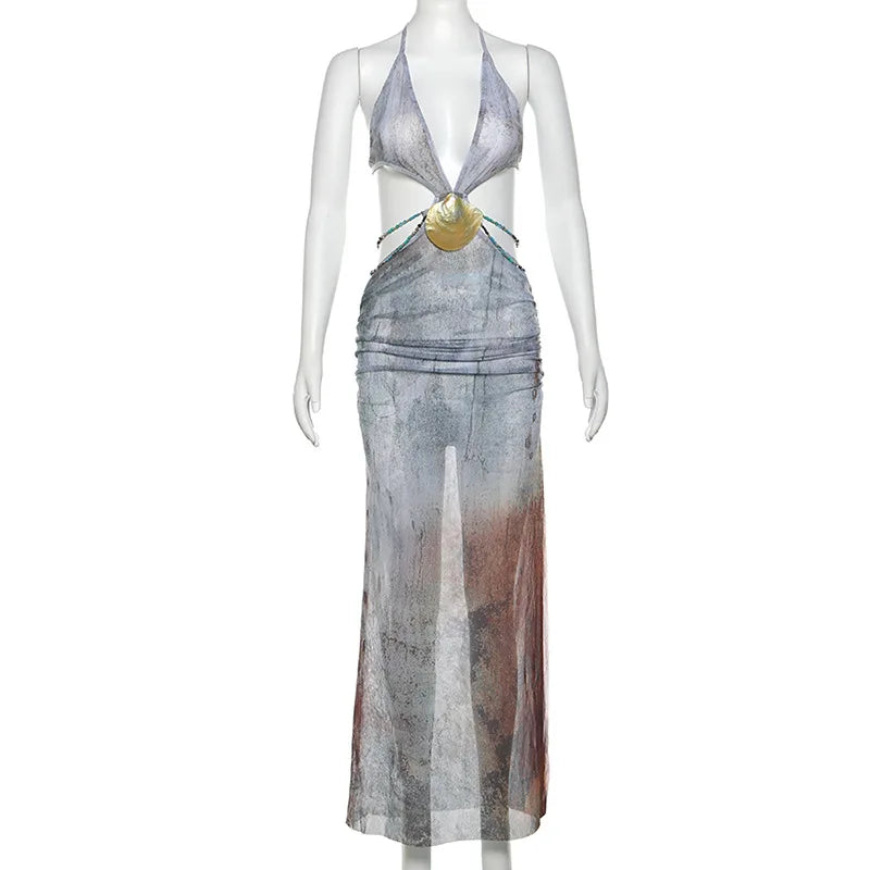 Halter Deep V-Neck Shell Embellishment Beaded Strap Cutout Maxi Dress 7