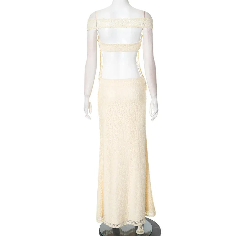 Off Shoulder Floral Lace Asymmetric Neckline Bodycon Maxi Dress 11