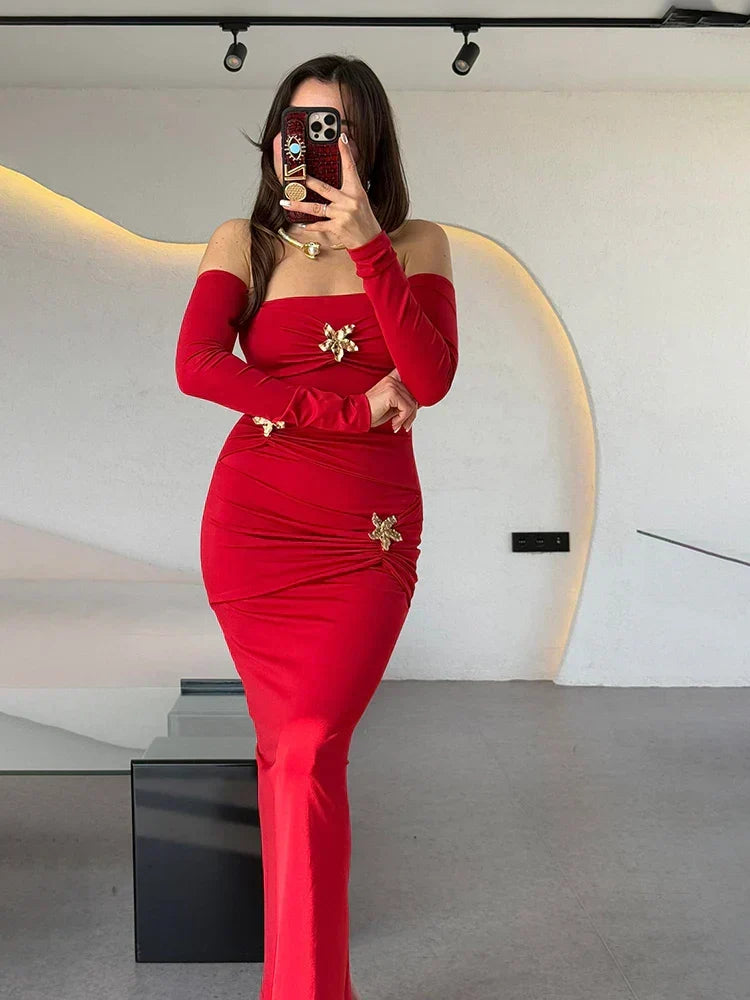 Off Shoulder Buckle Ruched Drape Long Sleeve Maxi Dress