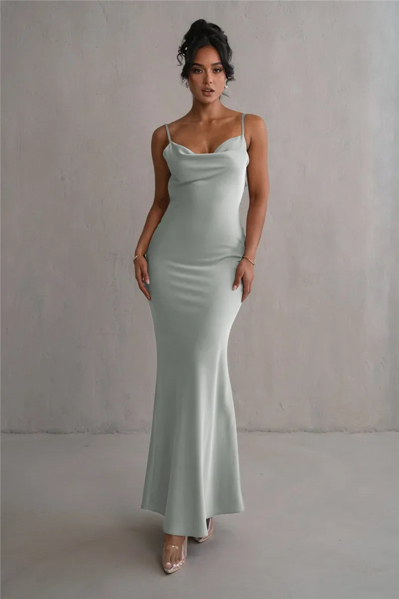 Spaghetti Strap Floral Applique Cowl Back Satin Maxi Dress 7