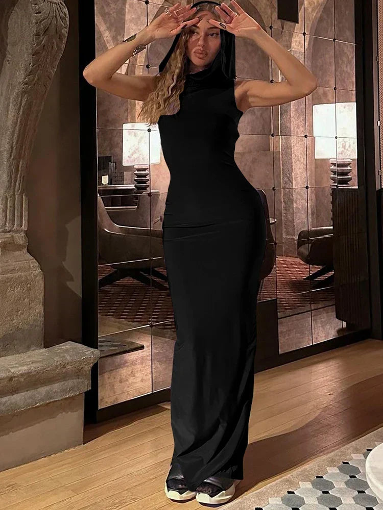 Hooded Cowl Neck Sleeveless Bodycon Maxi Dress 5