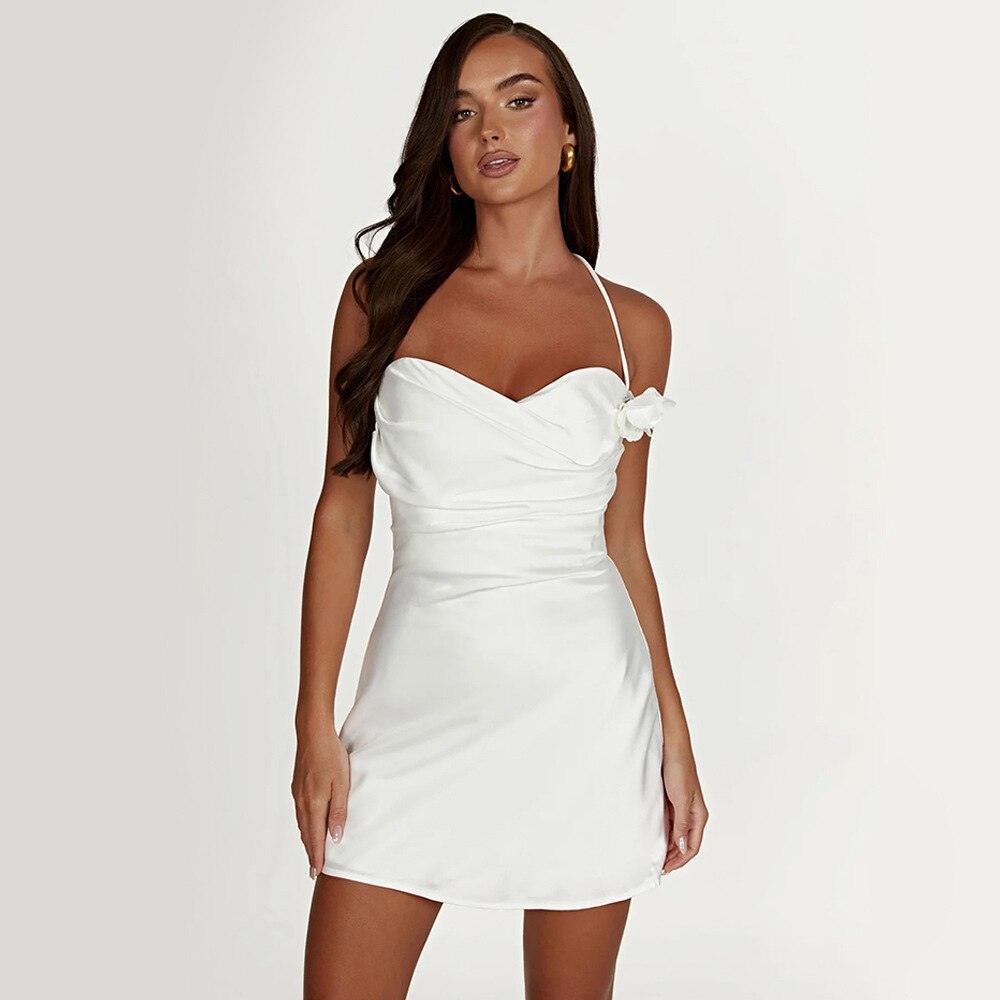 Halter Neck Rosette Trim Satin Bodycon Mini Dress 3