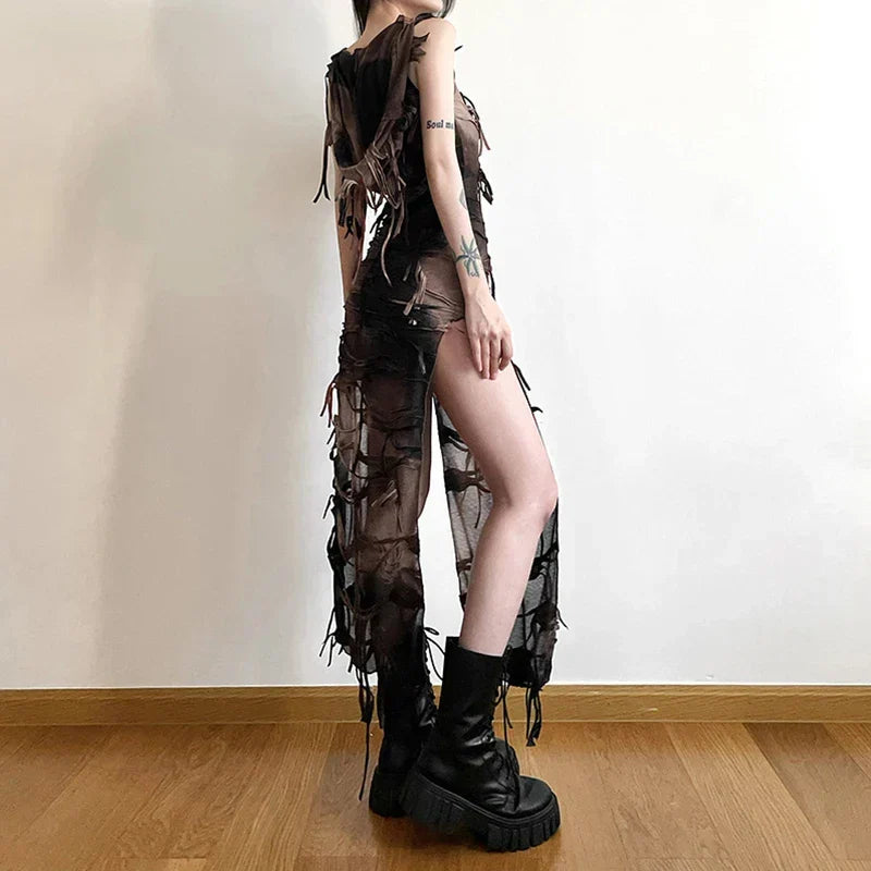 Tie Dye Distressed Fringe High Split Bodycon Midi Dress 2