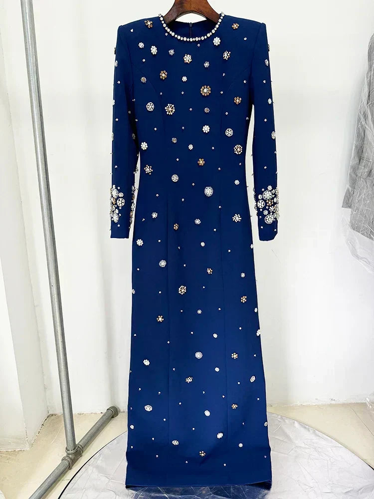 Crystal Floral Embellished Structured Shoulder Long Sleeve Column Maxi Dress 8