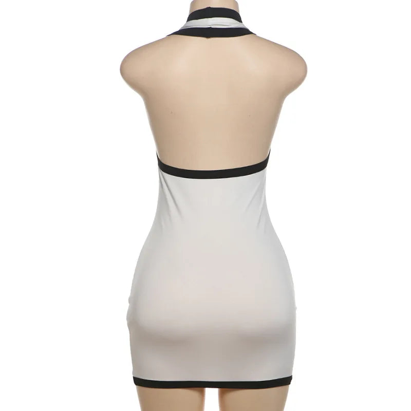 Deep V Halter Neck Contrast Trim Binding Bodycon Mini Dress 15