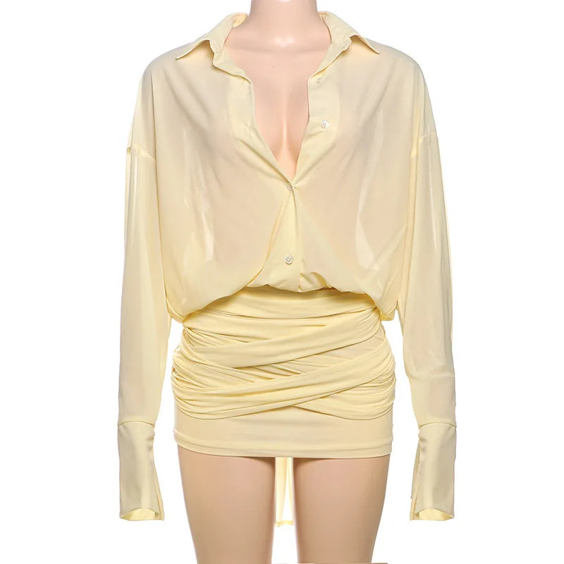 Plunging Collared Neckline Long Sleeve Ruched Wrap Mini Dress Set 6
