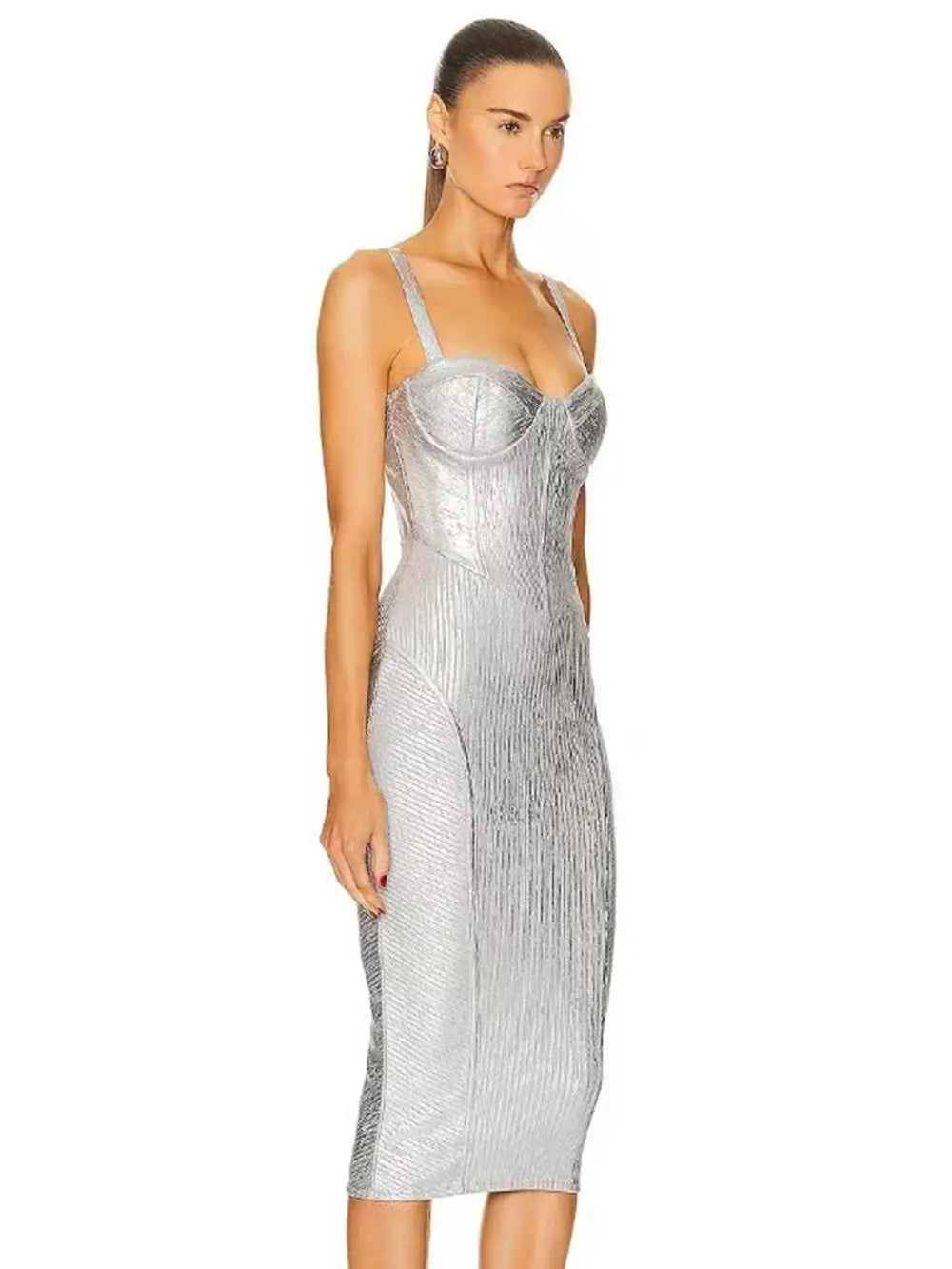 Sweetheart Corset Bodice Metallic Ribbed Bodycon Midi Dress 2