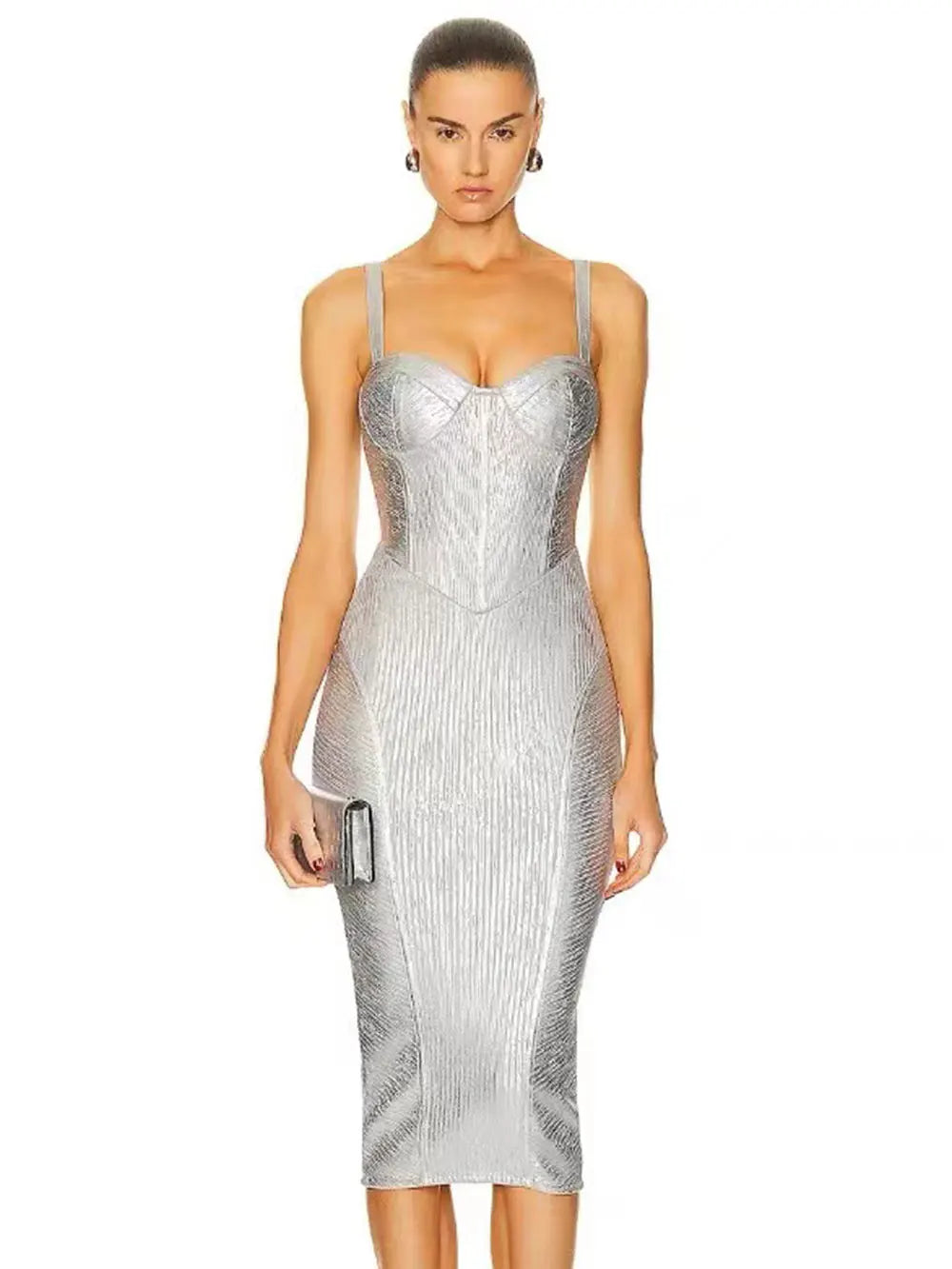 Sweetheart Corset Bodice Metallic Ribbed Bodycon Midi Dress